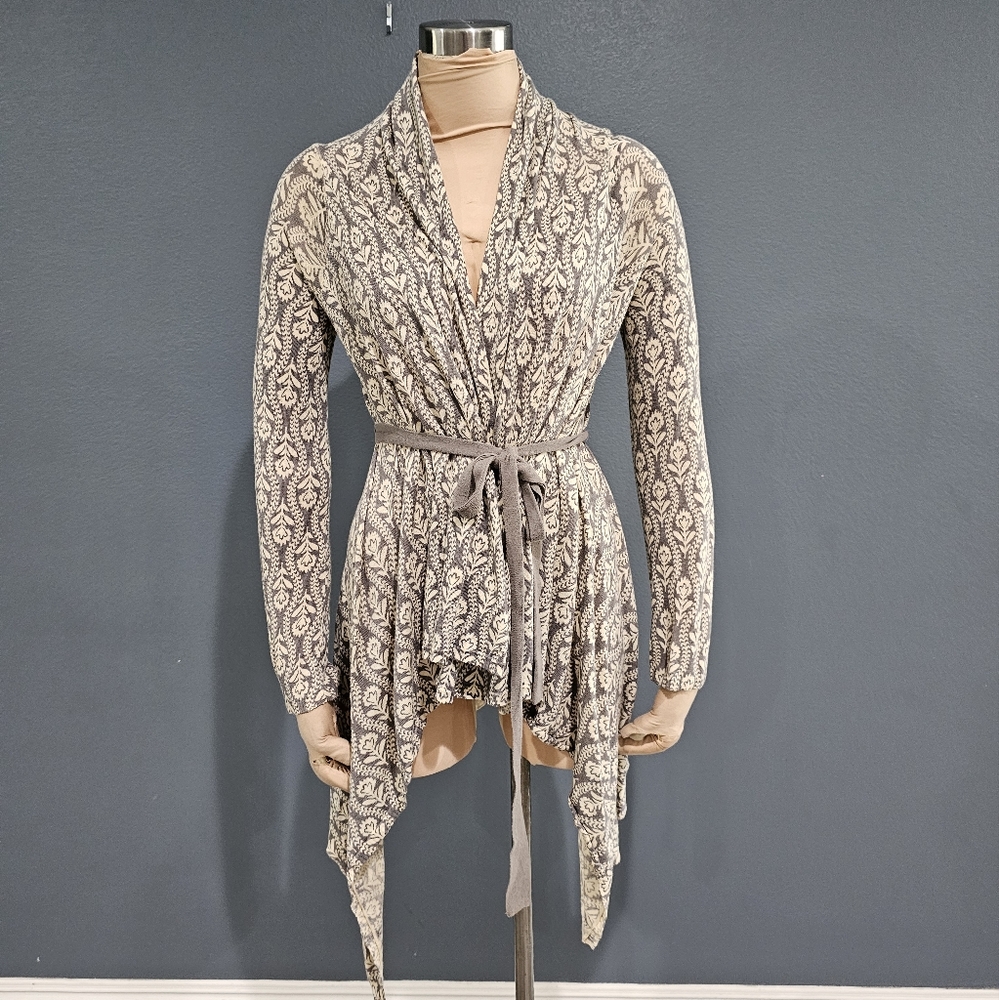 FIELD FLOWER Linen Cotton Blend Gray Cream Floral Knit Wrap Belted Cardigan M